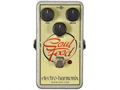 Electro-Harmonix Soul Food vista frontale con controlli di drive, tone e volume.