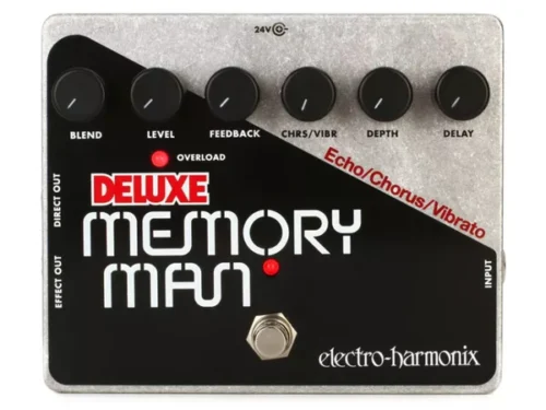 Electro-Harmonix Deluxe Memory Man vista frontale con controlli di delay, feedback, blend e rate.