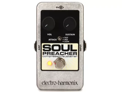 Pedale Electro-Harmonix Soul Preacher vista frontale con manopole di Sustain, Level e Attack.