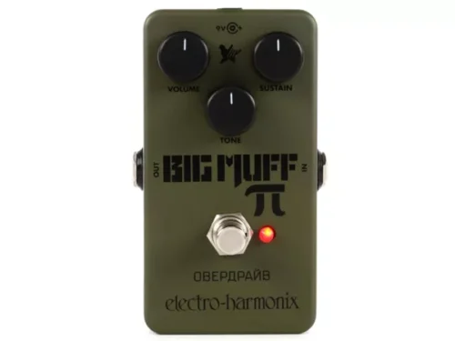 Electro-Harmonix Green Russian Big Muff vista frontale con controlli di sustain, tone e volume.