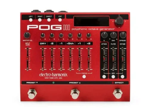 Electro Harmonix POG3 vista frontale con manopole di Mix, Octave Up, Octave Down, e Dry.