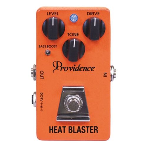 Pedale Providence Heat Blaster HBL-4 vista frontale con manopole Gain, Tone e Volume.
